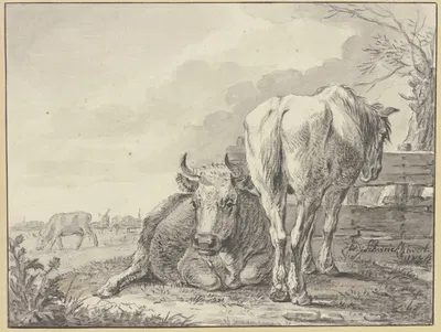 Eine Kuh und ein Pferd an einem Bretterzaun by Hendrik Willem Schweickhardt — digital art print download