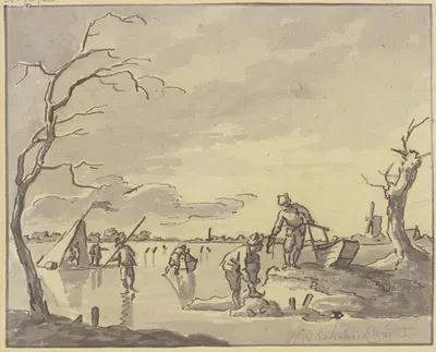 Schlittschuhläufer, links auf dem Eis ein Zelt by Hendrik Willem Schweickhardt — digital art print download