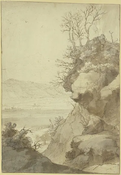 Landschaft, rechts eine große Felspartie mit dürren Bäumen by Хендрик Моммерс — digital art print download