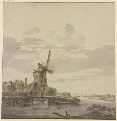 Маленькая река, впадающая в море, слева ветряная мельница by Генрик Кобелл — digital art print download