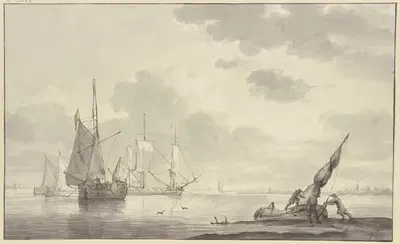 Спокойное море, слева несколько больших кораблей, справа трое мужчин приводят в порядок лодку by Генрик Кобелл — digital…