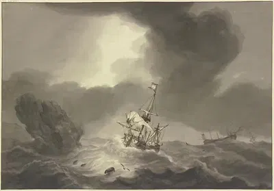 Морская буря, справа обессиленное судно, слева скала, мимо которой проходит корабль by Генрик Кобелл — digital art print…