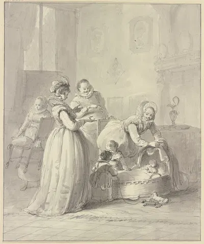 Familienfeier, alles ist um die Wiege mit dem kleinen Kind versammelt by Хендрик Мейер — digital art print download