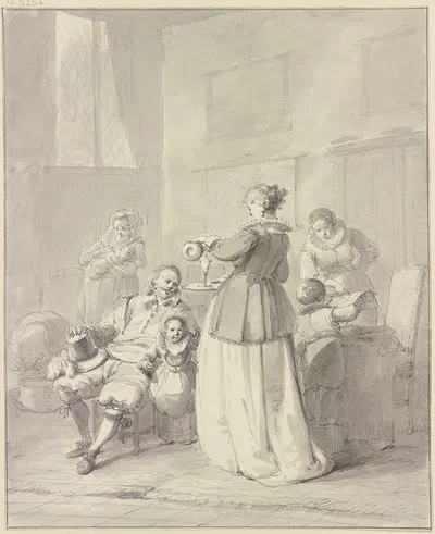 Familienfeier, die Frau schenkt dem Mann ein Glas Wein ein by Хендрик Мейер — digital art print download