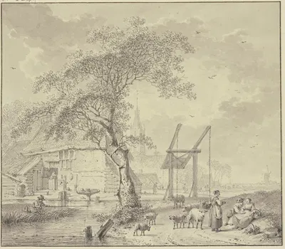 Zugbrücke über einen Kanal, Schafhirte im Vordergrund, der Hirte liebkost ein Mädchen by Хендрик Мейер, 1784 — digital art…