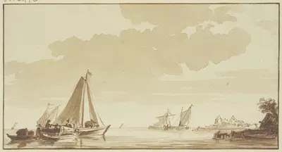 Fischerbarken bei ruhiger See, Strand mit Häusern by Хендрик Спилман — digital art print download
