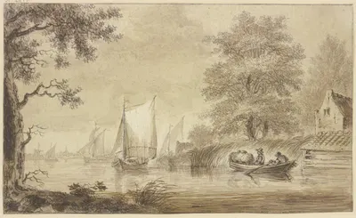 Flußgegend mit segelnden Schiffen by Hendrik Spilman — digital art print download