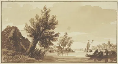 Flußgegend, rechts ein Kran, links ein Weidenbaum by Hendrik Spilman — digital art print download