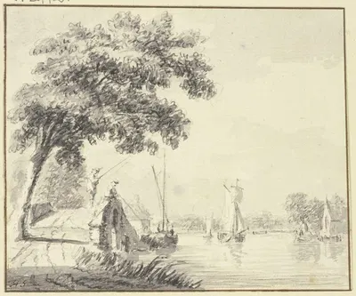 Steinerne Brücke mit zwei Anglern bei einem Fluß by Хендрик Спилман — digital art print download