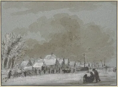 Winterlandschaft, links ein Dorf, eingefrorene Schiffe, rechts auf dem Eis zieht ein Mann ein Schlitten by Хендрик Спилман…