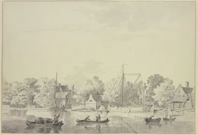 Dorf am Ufer eines Flusses, Schiffe liegen am Ufer und vier Boote fahren auf dem Fluss by Хендрик Тавенир — digital art…