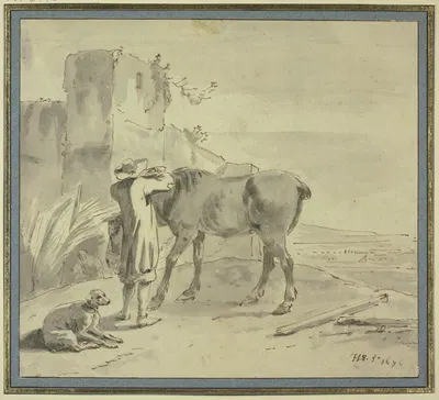 Bei einem alten Turm steht ein Bauer an seinem Pferde beschäftigt, dabei ein Hund by Хендрик Версхуринг, 1676 — digital art…