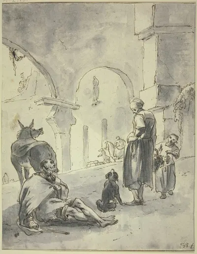 In einer Halle sitzt ein Bettler bei einem Esel, vor ihm eine Frau, ein Kind und ein Hund by Хендрик Версхуринг — digital…