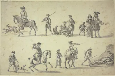 Studienblatt; Figuren zu Pferde und zu Fuße, unten links ein berittener Falkner by Хендрик Версхуринг — digital art print…