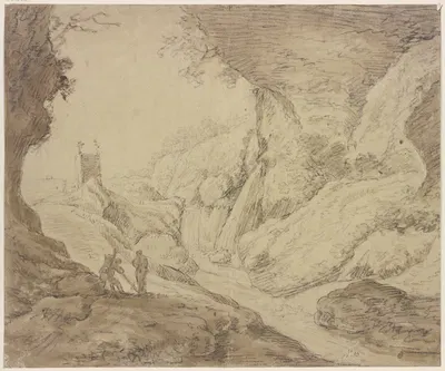 Felsige Landschaft mit Wasserfall by Герман Сафтлевен III — digital art print download