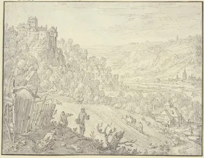 Landschaft mit Felsenschloß, im Tal eine Mühle by Герман Сафтлевен III — digital art print download