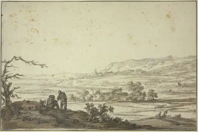 Landschaft, vorne links an einem dürren Baum zwei Figuren by Герман Сафтлевен III — digital art print download