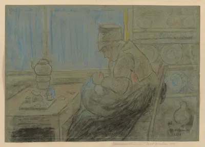 Frau im Profil nach links bei der Handarbeit, in der Küche sitzend by Герман Лисманн, 1899 — digital art print download