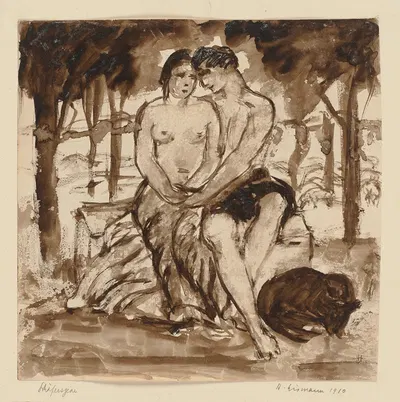 Schäferszene; Paar mit nacktem Oberkörper unter Bäumen sitzend, neben ihnen ein Hund by Герман Лисманн, 1910 — digital art…
