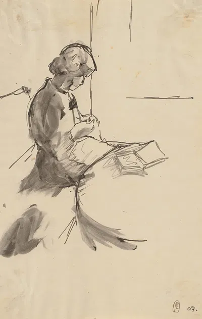 Strickende Frau, auf dem Tisch ein Buch liegend by Герман Лисманн, 1907 — digital art print download