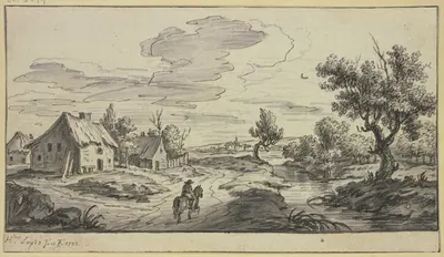Dorf an einem Bach, auf dem Weg ein Reiter by Hieronymus Lapis, 1773 — digital art print download