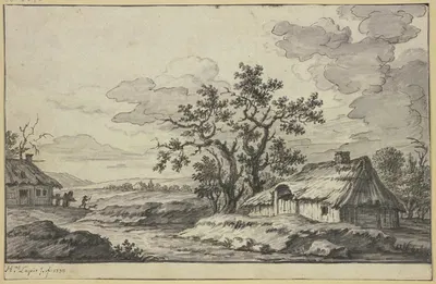 Landschaft mit Bach und zwei Hütten im Vordergrund by Hieronymus Lapis, 1773 — digital art print download