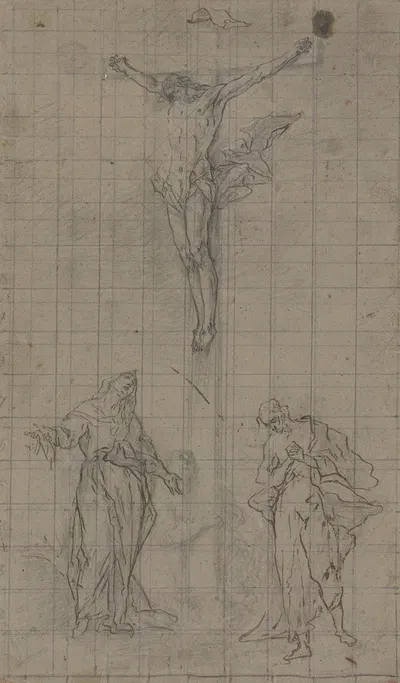 Entwurf für eine Kreuzigungsgruppe mit Johannes, Maria und Magdalena. by Ignaz Günther — digital art print download