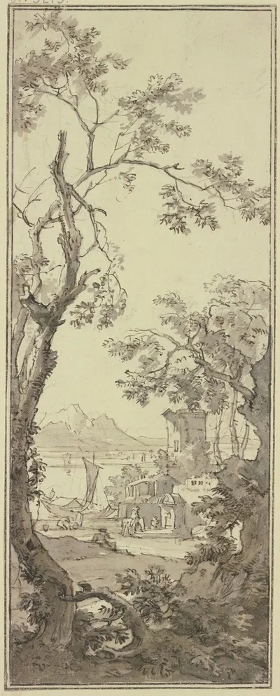 Aussicht auf einen Fluss an welchem Gebäude und ein Brunnen stehen, ein Reiter tränkt sein Pferd by Исаак де Мушерон —…