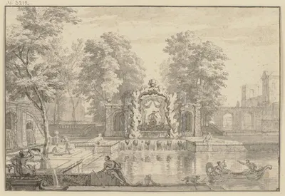 Wasserkunst in einem Park, in der Mitte ein künstliches Felsentor mit einem Neptun, rechts auf dem Teich eine Gondel by…