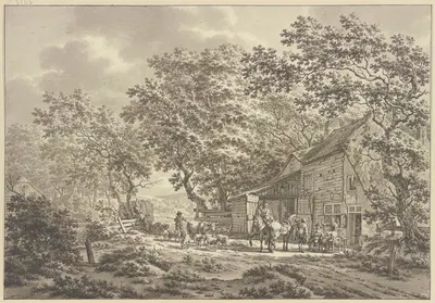 An einer Scheune halten Reiter, an einem Tisch zwei Trinkende, dabei eine kleine Herde Vieh by Якоб Кац, 1789 — digital art…