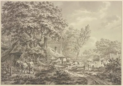 Bauernhof im Wald mit vielem Vieh, in der Ferne ein Heuwagen, rechts ein Pferd by Якоб Кац — digital art print download