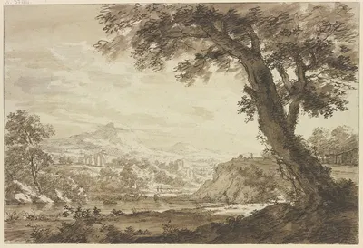 Italienische Landschaft mit Ruinen, rechts bei einem Wasser ein großer Baum by Jacob Cats, 1789 — digital art print download