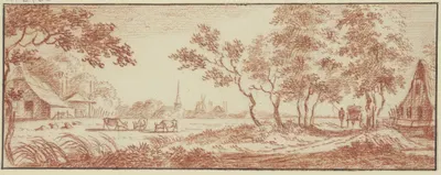 Wiese vor einem Dorf, rechts zwischen Bäumen ein Wagen by Якоб Кац — digital art print download