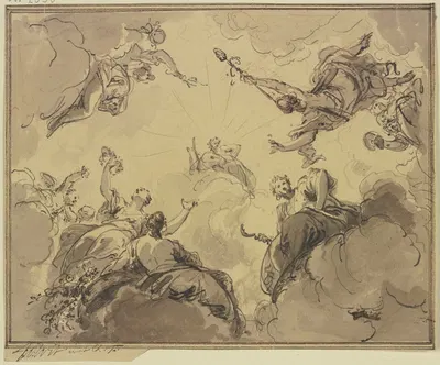 Apollo umgeben von Bacchus, Ceres, Flora und anderen Gottheiten by Якоб де Вит — digital art print download