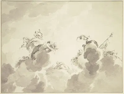 Bacchus, Ceres und Flora mit Gefolge in Wolken schwebend by Якоб де Вит — digital art print download