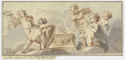 Five putti at a sacrificial altar by Якоб де Вит, 1723 — digital art print download