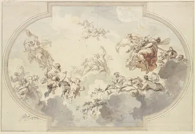 Viele Genien und Bacchanten schweben in Wolken by Якоб де Вит — digital art print download