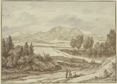 Ebene vor dem Gebirge, rechts ein See, auf dem Weg verschiedene Figuren by Jacob Esselens — digital art print download