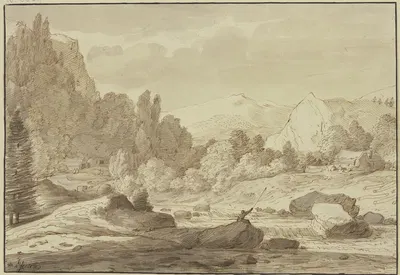 Gebirgslandschaft mit einem Waldbach, an welchem ein Angler sitzt by Якоб Эсселанс — digital art print download