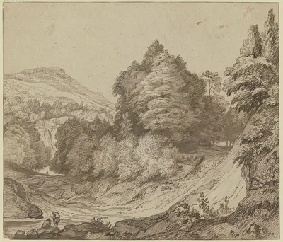Gebirgslandschaft mit Wald, links am Weg ein sitzender und ein stehender Mann by Якоб Эсселанс — digital art print download