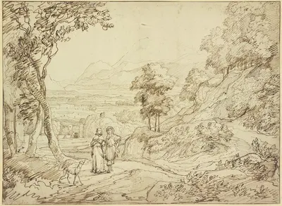 Landschaft, auf dem Weg ein Herr und eine Dame mit einem Windhund by Якоб Эсселанс — digital art print download