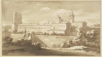 Italienisches Kloster hinter hohen Mauern, die Turmruine der Torre delle Millizie in Rom nachempfunden by Яков ван дер…