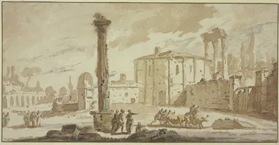 Von Ruinen umstandener Platz mit einer frei stehenden Säule, die Rotunde dem Tempel des Hercules Victor auf dem Forum…