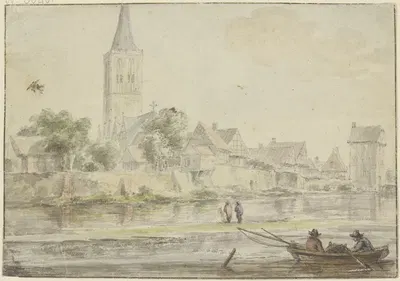 Stadt am Wasser mit Kirche, rechts ein Turm, vorne Kahn mit zwei Personen by Якоб ван Руйсдал — digital art print download
