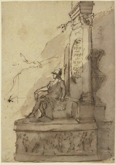 Bildwerk eines auf dem Sockel eines Monuments sitzenden Kriegers by Jacob van Schuppen — digital art print download