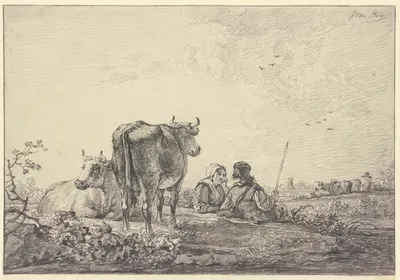 Hirtenpaar auf einer Weide bei der Rinderherde lagernd by Jacob van Strij — digital art print download