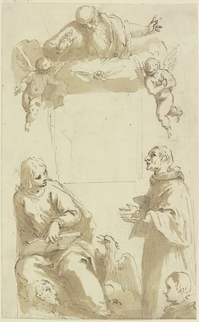 Gottvater mit Taube und Engeln über leerem quadratischem Feld, darunter Johannes der Evangelist und ein anderer anbetender…