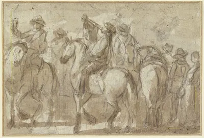 Blasender Trompeter zu Pferde, umgeben von mehreren Reitern by Jacques Courtois — digital art print download