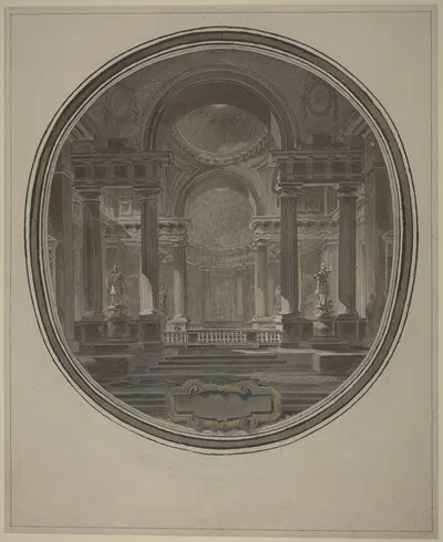 Blick in die Rotunde eines antiken Tempels, unten eine leere Kartusche by Жак-Франсуа Блондель — digital art print download