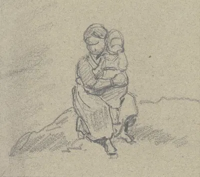 A girl holds a child on her lap and sits on a small slope, the child has brought her hand to her mouth by Якоб Фюрхтегот…